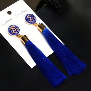 Rose Flower Long Tassel Earrings Blue